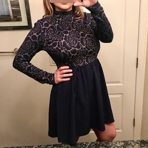 Gorgeous Blue Long Sleeve Lace Bodice Skater Dress